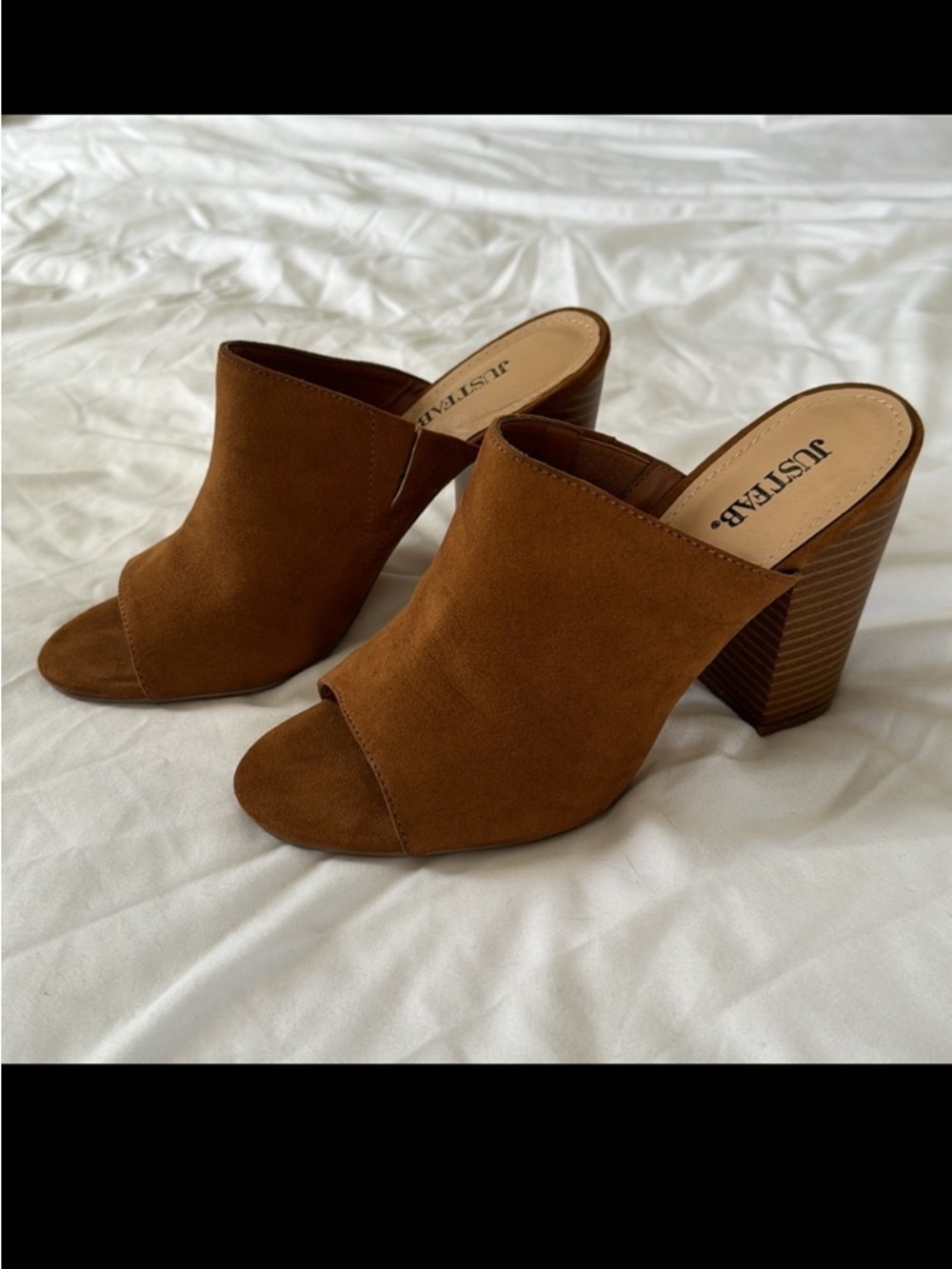 JustFab camel brown suede heeled mules womens US Size 7